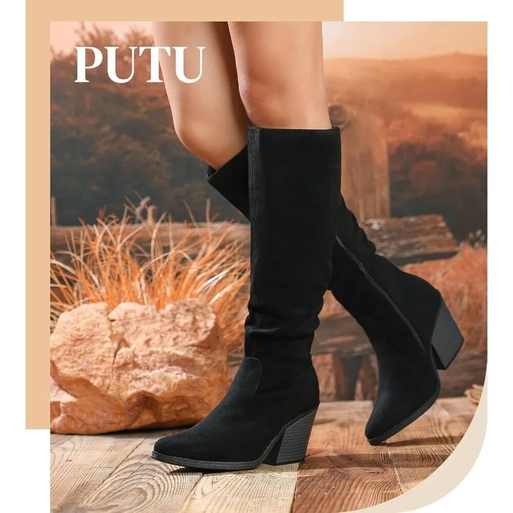 Women's Black Faux Suede Chunky Heel Boots Side Zipper Slouchy Knee High Boots